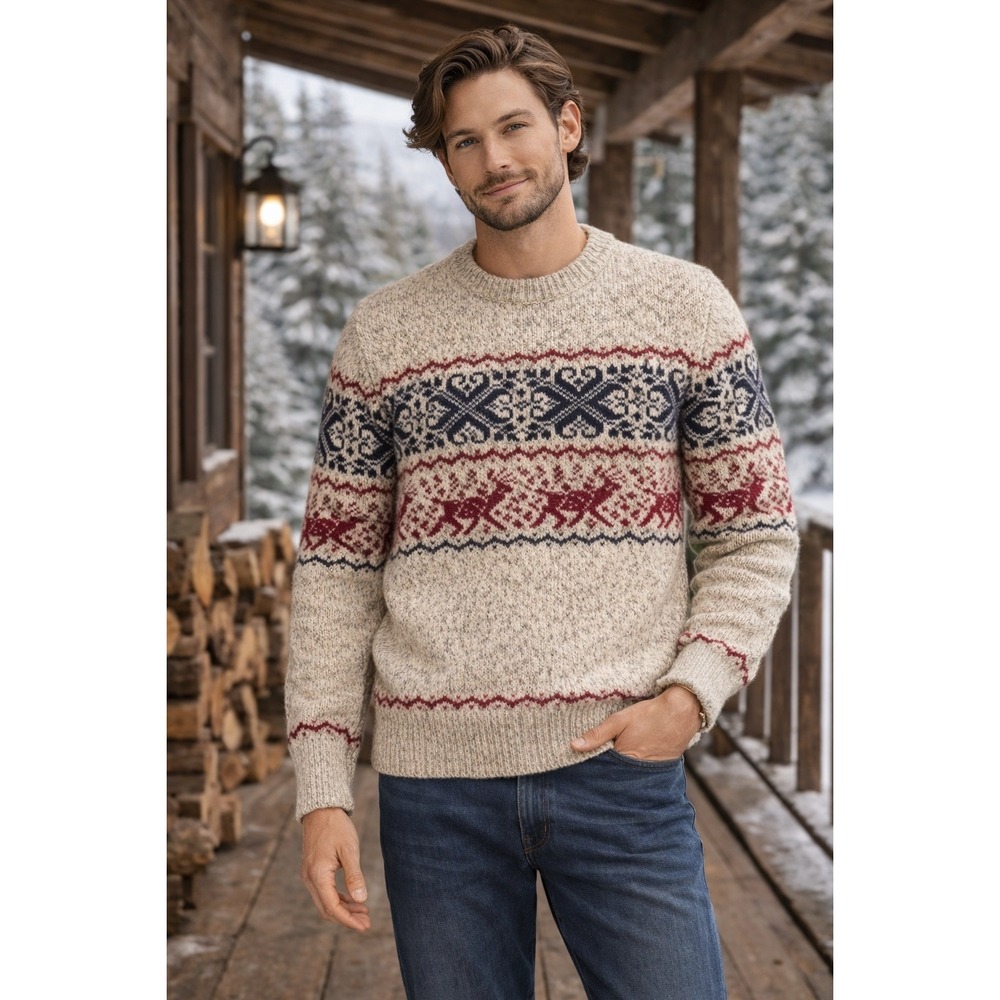 Boat House Row Mens Wool Blend Fair Isle Reindeer Sweater‎ Beige L